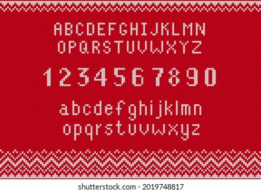 Alphabet With Numbers On Knit Red Texture. Knitted Font On Sweater Print. Seamles Pattern With Zigzag. Vector Illustration.