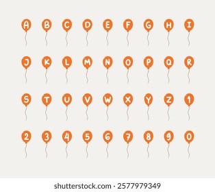 Alphabet and Numbers on Orange Balloon Illustrations for Fun and Education. A creative design featuring the English alphabet and numbers from 0 to 9 on orange balloons, ideal for educational project.