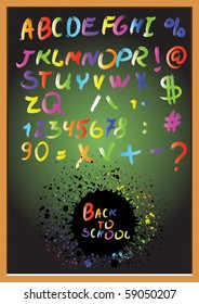 Alphabet, numbers, plaque on a black background. Vector illustration