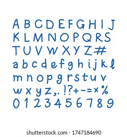 Alphabet with numbers and punctuation - ballpoint pen, blue ink. English hand written alphabet, vector illustration.