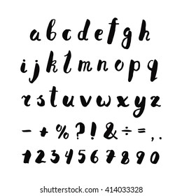Alphabet, numbers and punctuation marks ink handwritten lettering. Hipster and vintage style. Perfect for your design!