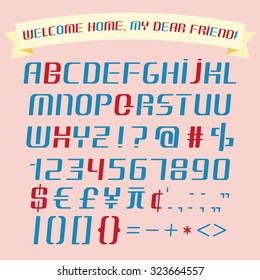 Alphabet, numbers, punctuation marks set and funny banner isolated on pink background. Italic flat font. Upper case.