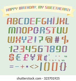 Alphabet, numbers, punctuation marks set and funny banner isolated on light green background. Italic flat font. Upper case.