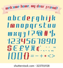 Alphabet, numbers, punctuation marks set and funny banner isolated on yellow background .Italic flat font. Lower case.