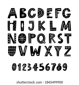 Alphabet and numbers in scandinavian style with decoration elements, isolated on white background. Cute hygge abc. Can be used for christmas cards, prints, posters, typography. Hand drawn doodle. 