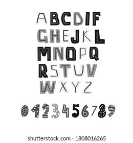 Alphabet and numbers in the Scandinavian style. Grey and black letters on a white background
