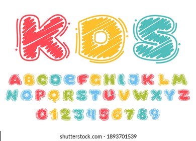 Alphabet and numbers set in childish wax crayons scribbles style. Bright colorful font for cute kids identity, funny craft package, vibrant poster, etc.