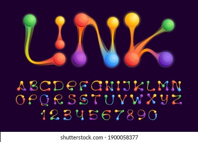 Alphabet and numbers set with colorful spheres or dots and connecting lines. Vector technology icon perfect to use in any science logo, multimedia posters, energy identity, etc.