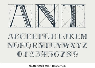 Alphabet and numbers set with construction grid lines. Vector vintage serif character perfect to use in any architecture labels, boutique posters, luxury identity, etc.