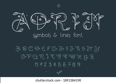 Alphabet and numbers set with graceful with moon, stars and leaves decoration. It is perfect to use in any vintage branding, romantic packaging, eco posters, astrology blog design, invitations.