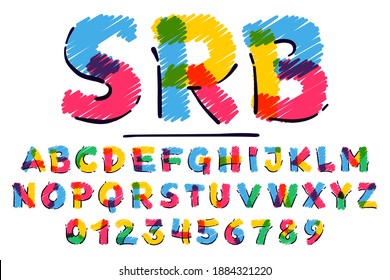 Alphabet and numbers set hand drawn with a colored pencils. Perfect vector childish font for a school style cartoon, cute comic logo, kindergarten posters, etc.