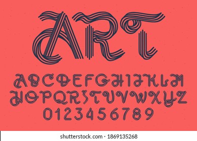 Alphabet and numbers set made of five parallel lines with noise texture. Impossible shape logos. Vector vintage font for boutique labels, chic headlines, jewelry posters, wedding cards etc.