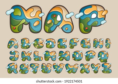 Alphabet and numbers set with topographic map line pattern. Outdoor adventure logo with mountain, ocean, hills, forest, desert, and clouds.