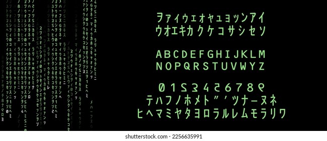Alphabet, numbers and special characters for source code. VR typography for web projects. Rain of green glowing signs on black screen. Wallpaper graphic generated in illustrator. Hacking subject.