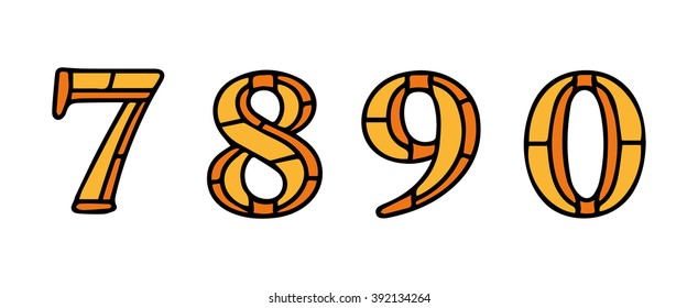 Alphabet numbers in stained glass window style, classic font, vector illustration