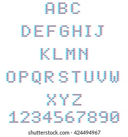 Alphabet and numbers with stereo effects. Vector anaglyph abc.
