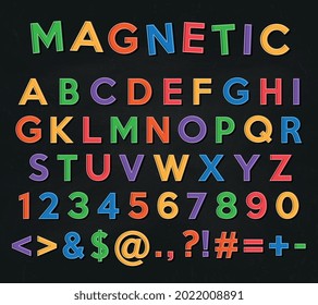 Alphabet, numbers and symbols. Colored magnets letters and numbers on a black school chalkboard background. Vector illustration.