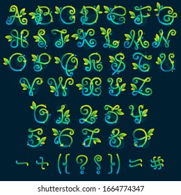 Alphabet and numbers and symbols set with green curved lines, leaves and dew drops. Vector handwritten script font for nature labels, bio company, spring posters etc.