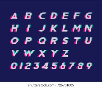 Alphabet with numbers and trendy glitch effect. Flat vector illustration EPS 10