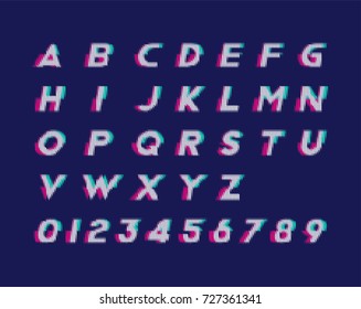 Alphabet with numbers and trendy glitch effect. Flat vector illustration EPS 10