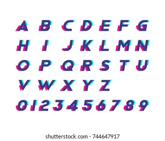 Alphabet with numbers and trendy glitch effect. Flat vector illustration EPS 10.