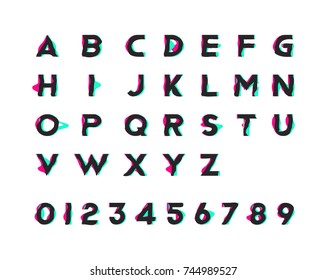 Alphabet with numbers and trendy glitch effect. Flat vector illustration EPS 10.