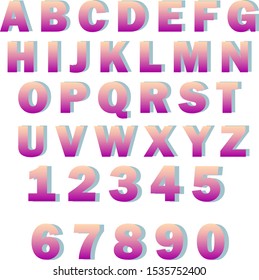 alphabet and numbers in vector, purple-orange gradient, for design and decoration in various spheres
