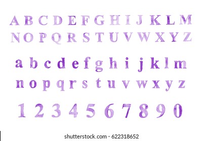 Alphabet / Numeral  Set Drawn Watercolor Artistic Font. Purple Vector