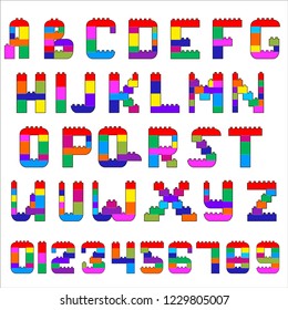 Alphabet and Numerals created from  blocks. Vector cartoon playing bricks. Children Alphabet. Plastic constructor (alphabet).