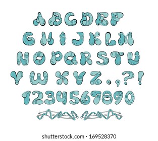 Alphabet and numerals. Set of uppercase alphabets and numerals, original comic style and colors. Decorative divider in additional. Isolated on white. Vector elements are grouped.
