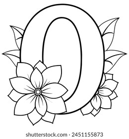 Alphabet O coloring page with the flower, O letter digital outline floral coloring page, ABC coloring page
