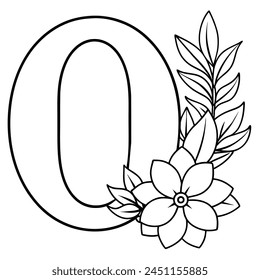 Alphabet O coloring page with the flower, O letter digital outline floral coloring page, ABC coloring page
