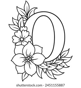 Alphabet O coloring page with the flower, O letter digital outline floral coloring page, ABC coloring page
