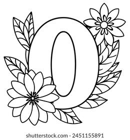 Alphabet O coloring page with the flower, O letter digital outline floral coloring page, ABC coloring page
