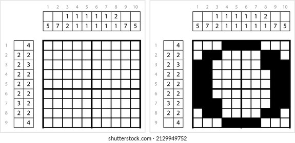 Alphabet o Lowercase Nonogram Pixel Art, Character o, Language Letter Graphemes Symbol Vector Art Illustration, Logic Puzzle Game Griddlers, Pic-A-Pix, Picture Paint By Numbers, Picross