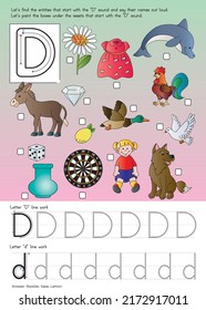 Alphabet with objects. Methods of writing letters. Alphabet for kids. letter "D".