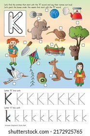 Alphabet with objects. Methods of writing letters. Alphabet for kids. The letter "K".