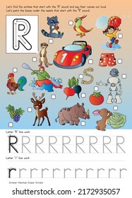 Alphabet with objects. Methods of writing letters. Alphabet for kids. The letter "R".