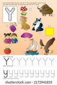 Alphabet with objects. Methods of writing letters. Alphabet for kids. The letter "Y".