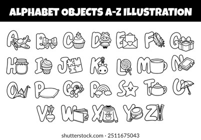 Alphabet objects from A to Z outline vector illustration set