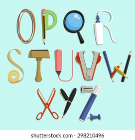 Alphabet With Office Supply Objects, Vector Illustration Cartoon. O, P, Q, R, S, T, U, V, W, X, Y, Z