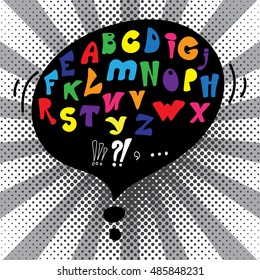 Alphabet on the background in the style of pop art. Vector alphabet. Hand drawn letters. 