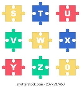 Alphabet on colorful puzzle. Jigsaw fonts for poster, banner, publication. Vector illustration.
