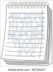 Alphabet on notebook background. Free hand drawn. Vector illustration.
