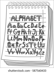 Alphabet on notebook background. Freehand drawn. Vector illustration.