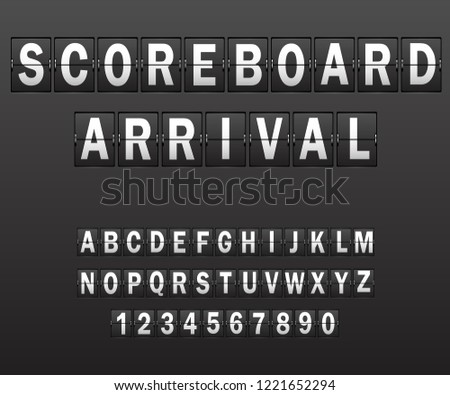 Alphabet on scoreboard. Set of white letters of mechanical timetable on black background. Illustration Vector.