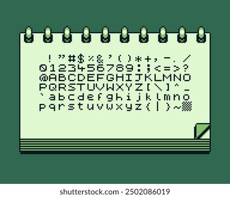 Alphabet auf Blatt Notebook Pixel Art Stil Symbol, Schriftarten, Schnittstelle, 8-Bit-Sprite, Spielmaterial, Retro 80s Konsole Gaming App, Videospiel, Old School Computer Grafikdesign. Isolierte Vektorgrafik