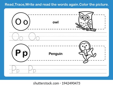 Alphabet O-P exercise with cartoon vocabulary for coloring book illustration, vector