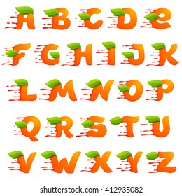 Alphabet with orange juice drops and leaves. Vector design template elements for your application or corporate identity.