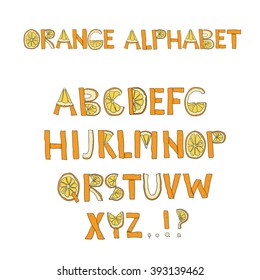 alphabet orange, letters from fruit, citrus ABC, hand drawn letters, vector illustration